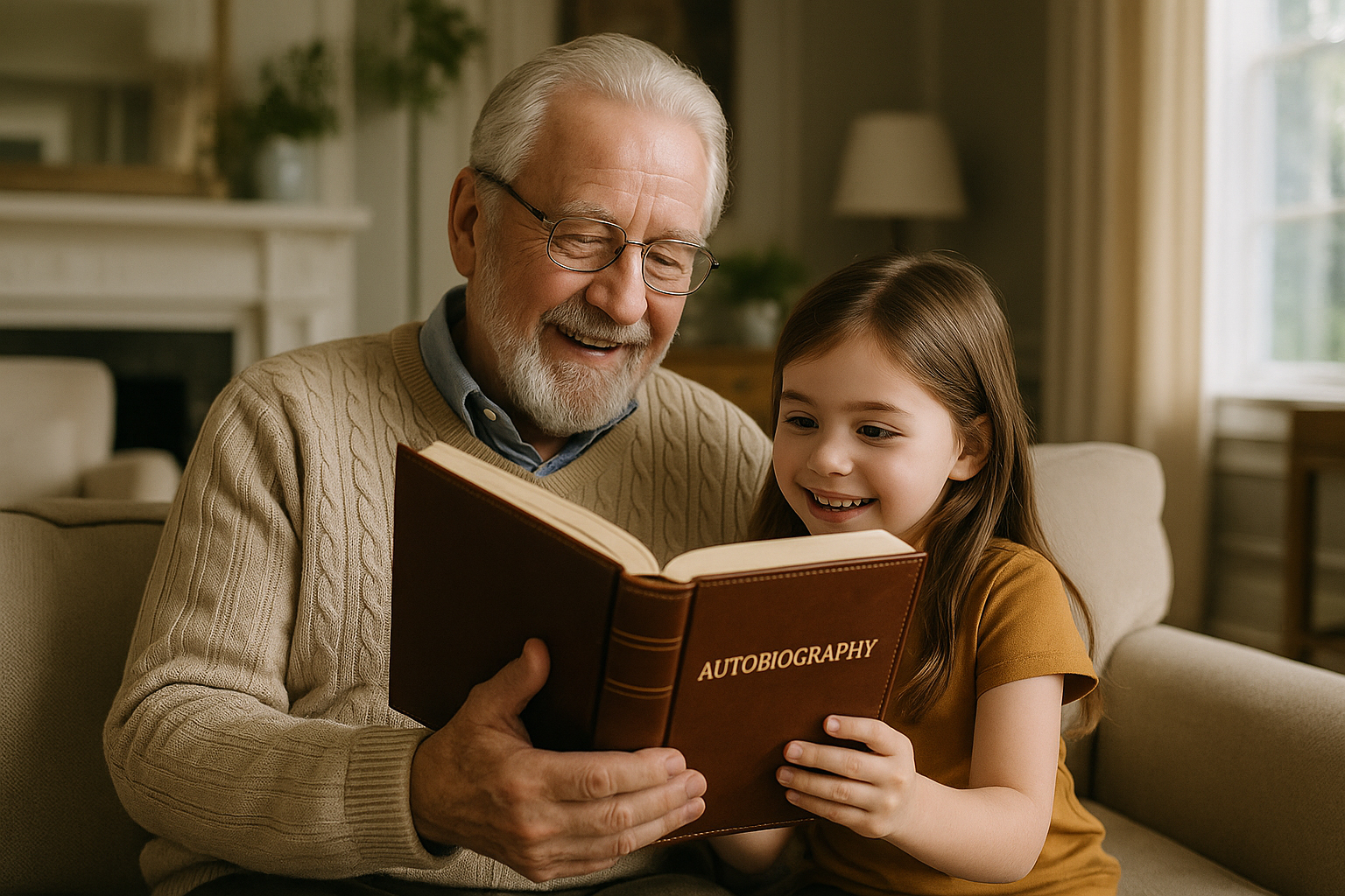 Grandfather sharing autobiography with granddaughter