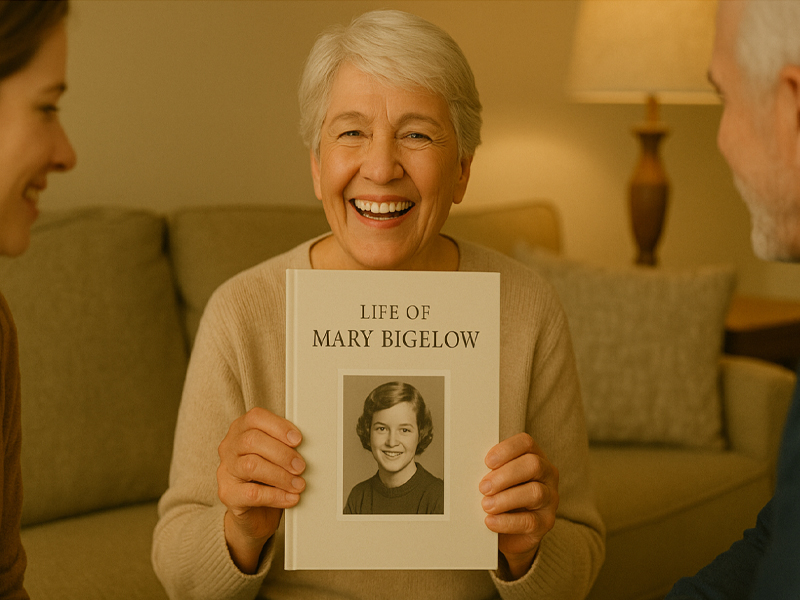 Happy client with completed life story book