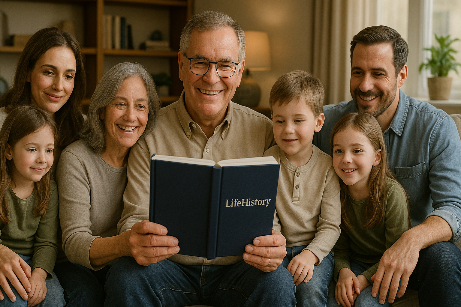 Multi-generational family enjoying grandfather's life story book together